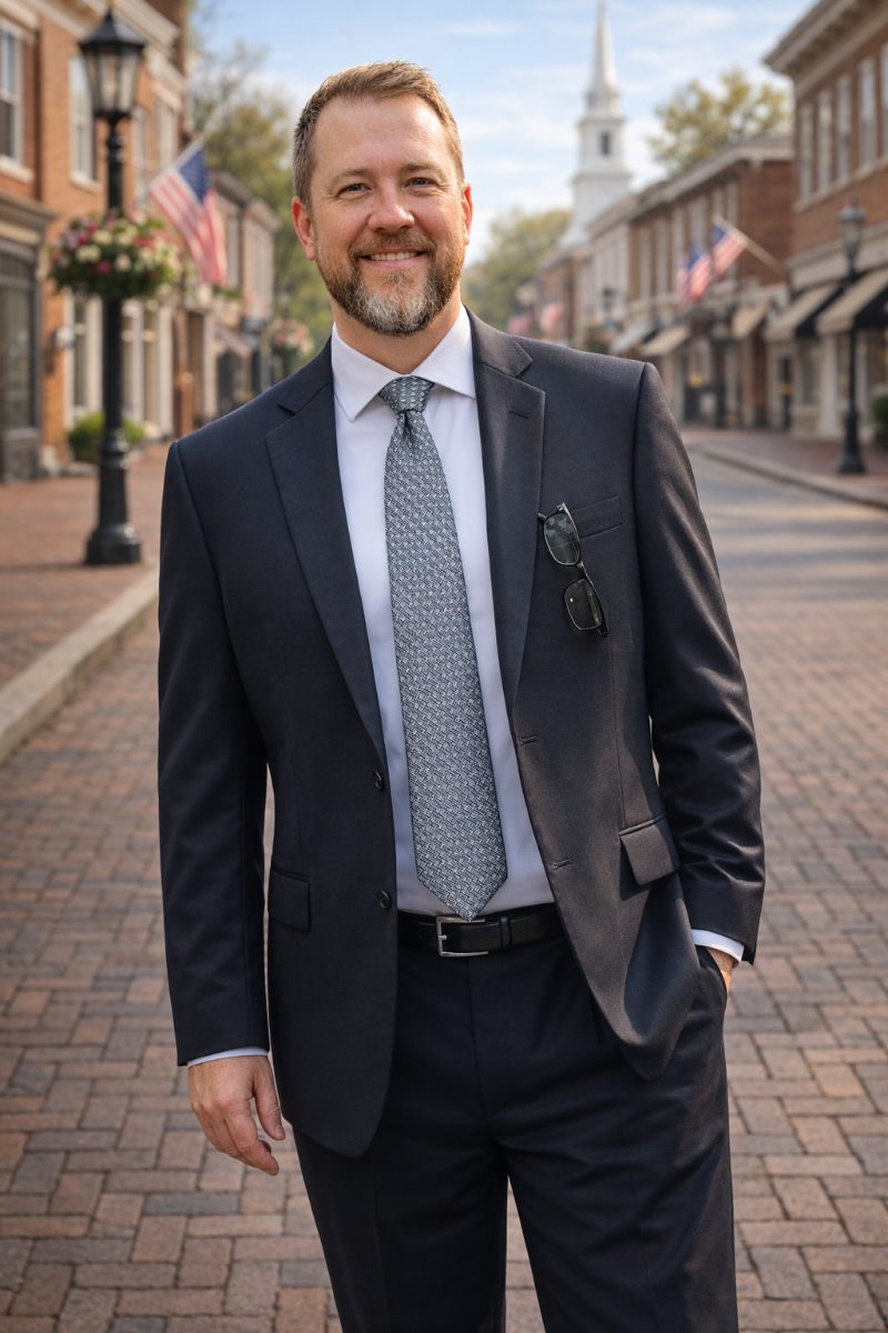 Michael Brooks, financial advisor, standing on a brick street in downtown Gainesville